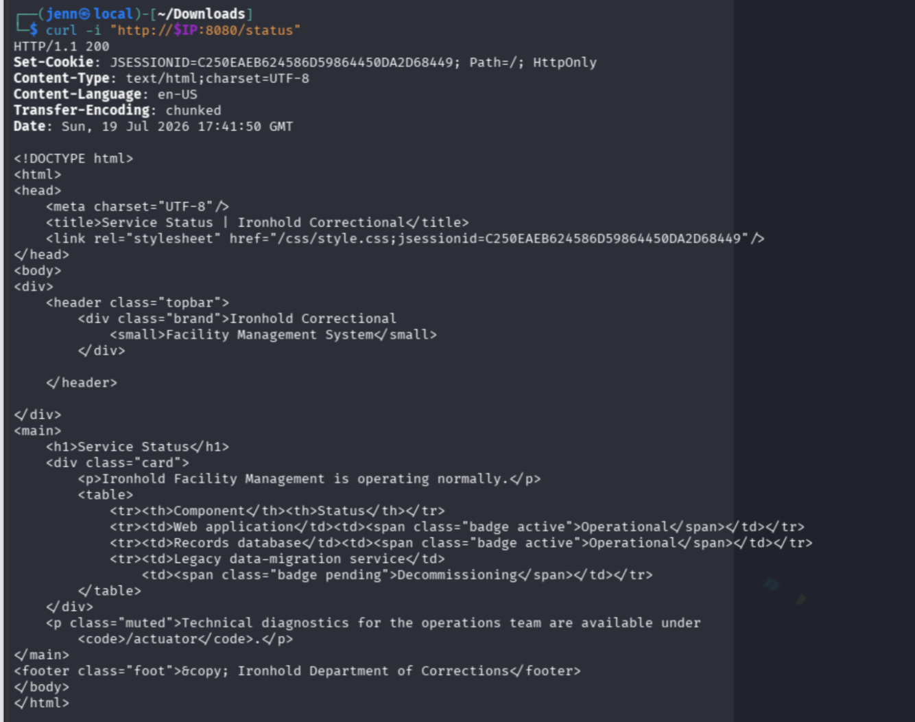 curl output from /status endpoint showing actuator and legacy migration references